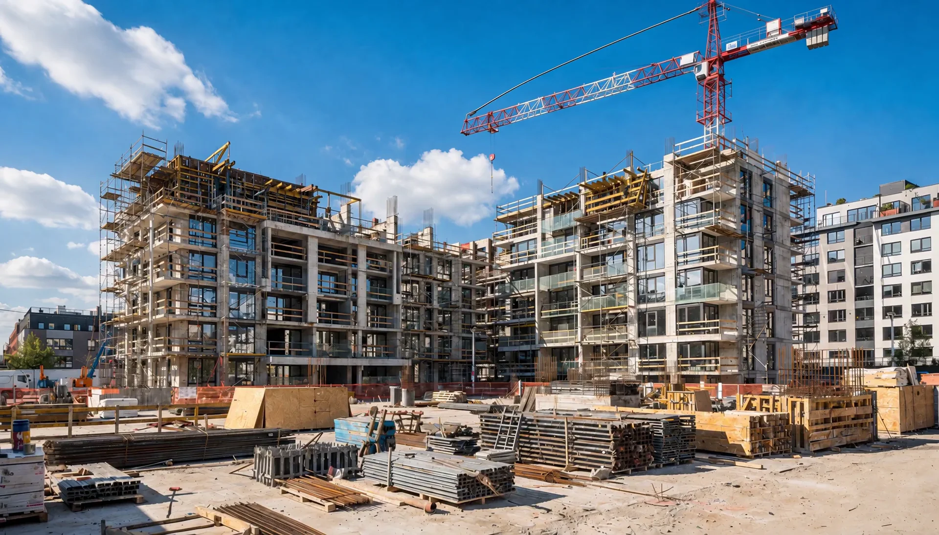 Baustelle mit Rohbauten, Gerüsten und Turmdrehkränen